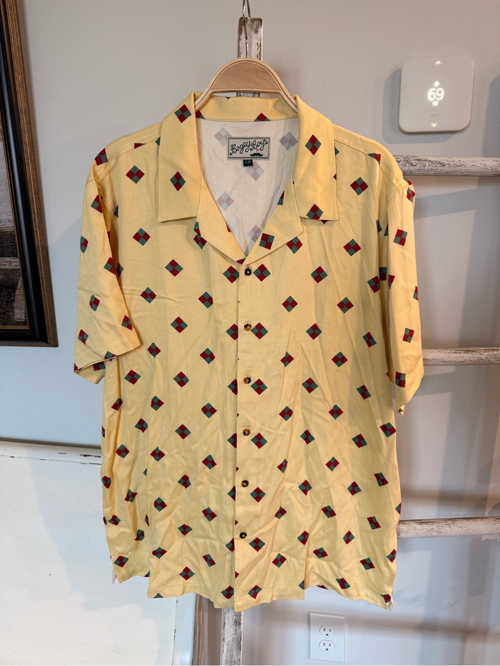 Bogey Boys The Rectangle Button Up Golf Shirt Yellow Preppy Geometric LARGE EUC